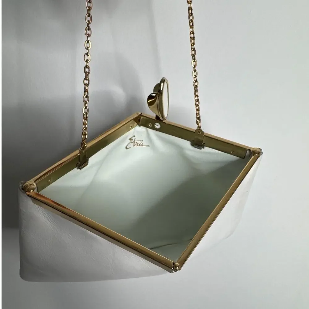 70s Etra white clutch with gold metal frame and matching gold chain strap